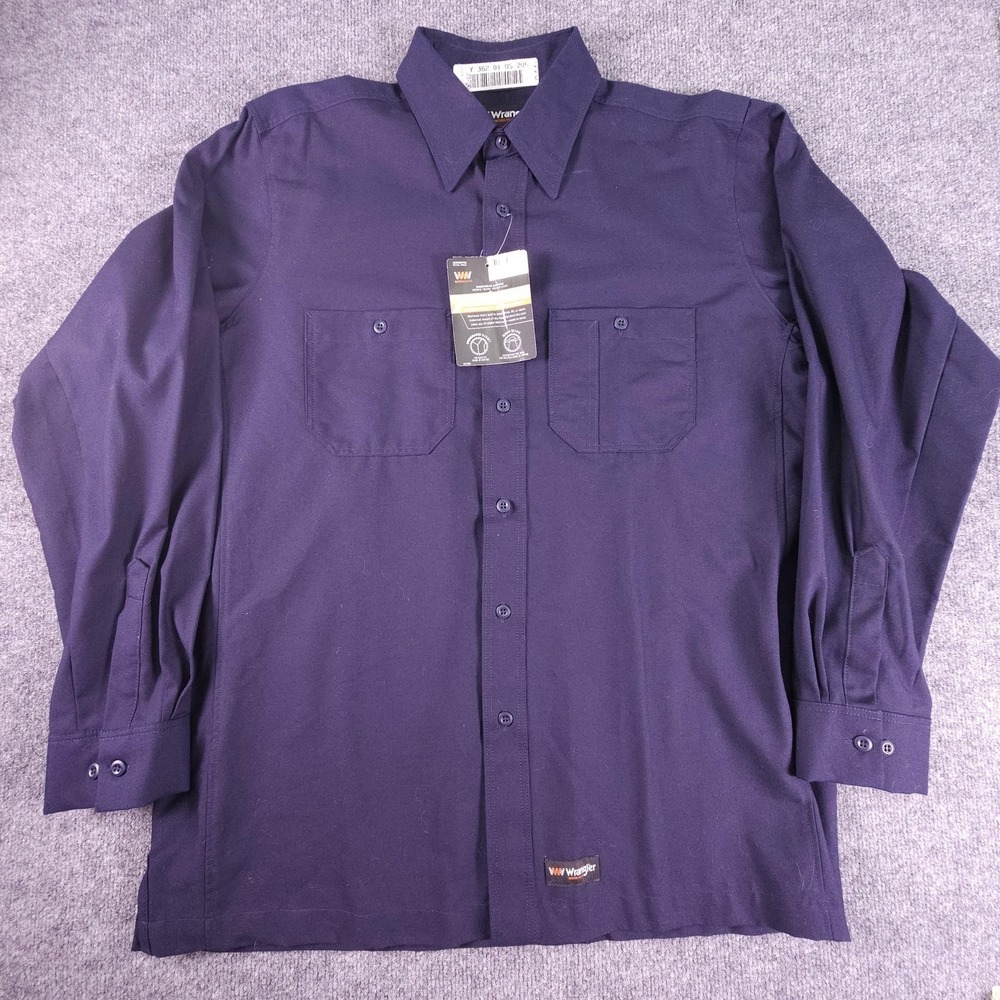 Wrangler Workwear Shirt Mens Large Navy Canvas Long Sleeve Button Up Pockets